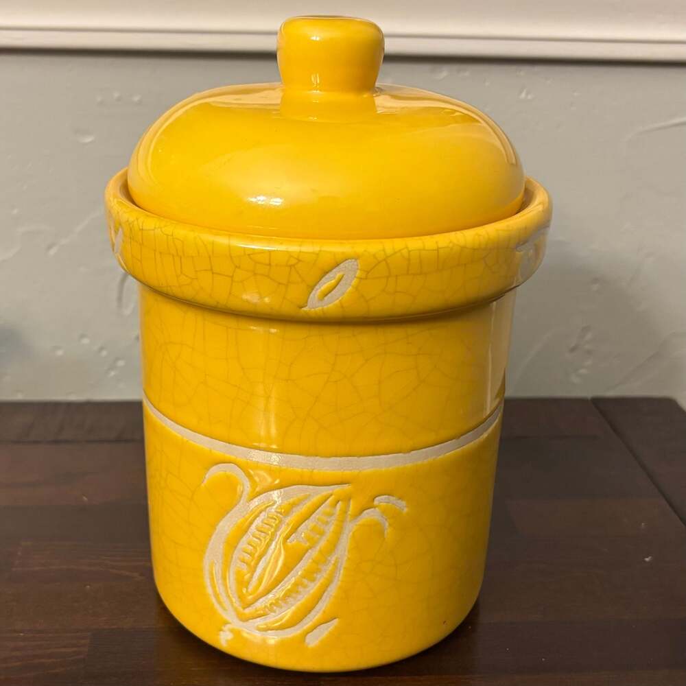Vintage Yellow Ceramic Canister with Corn Embossed Design & Lid